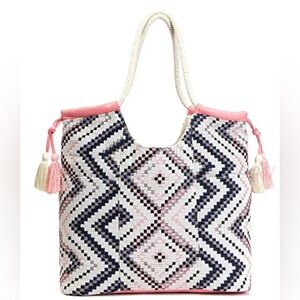 Pink Purple Ivory Knit Woven Aztec Geometric Print Large Boho Tote Bag